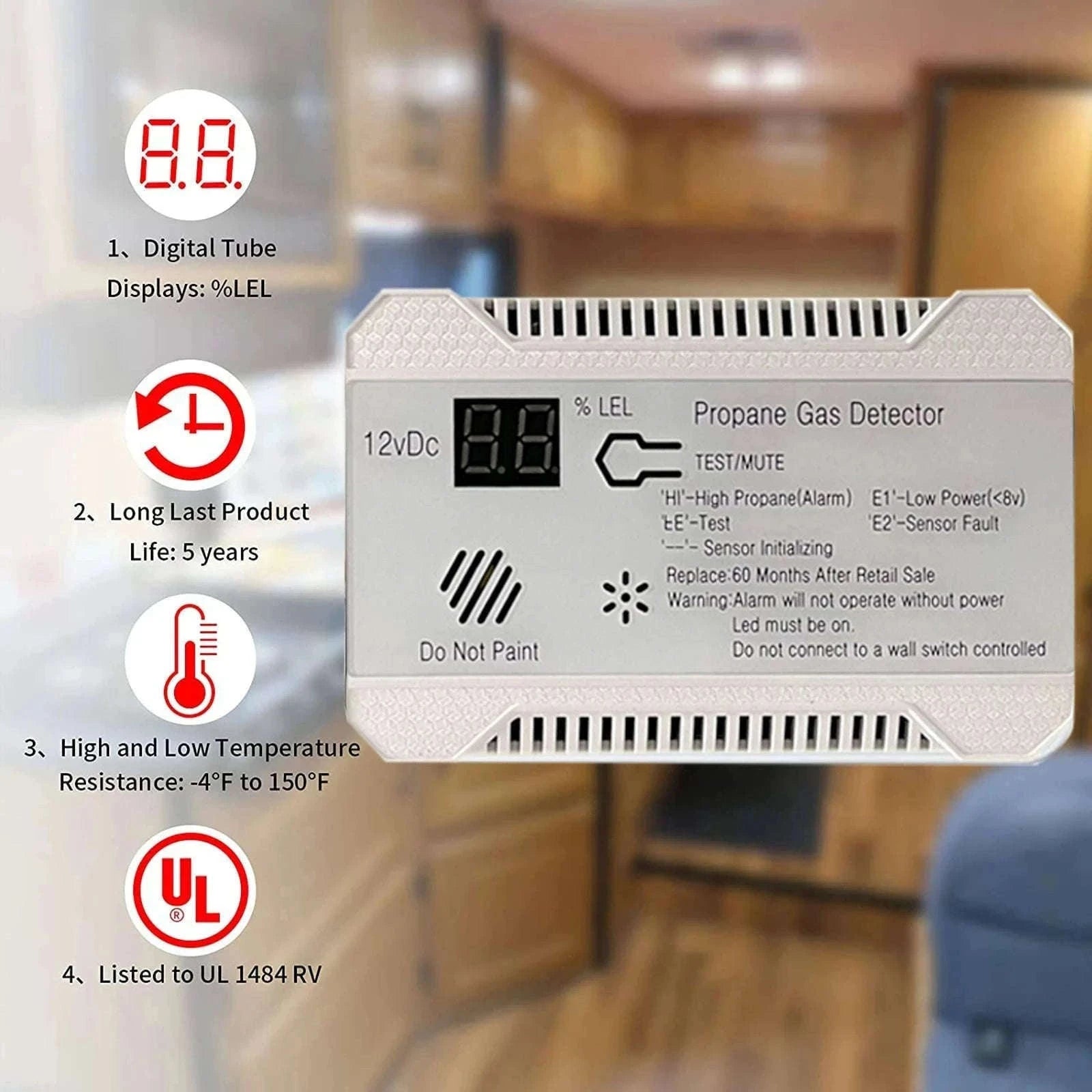 RV Propane Gas Detector 85dB Alarm DC 12V Compact Design-White