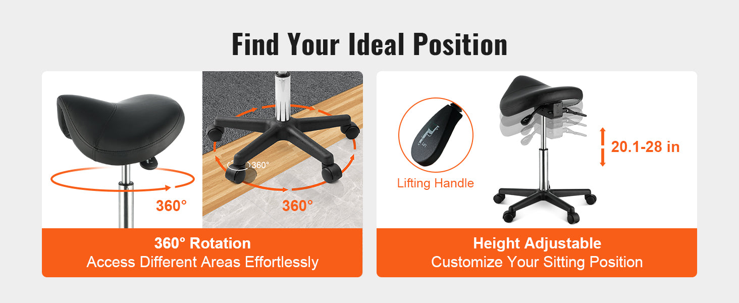 SucceBuy Ergonomic Saddle Stool w/ 5 Swivel Casters 360° Rotation 20.1-28 in Height Adjustable Round Stool for Bar Salon Office