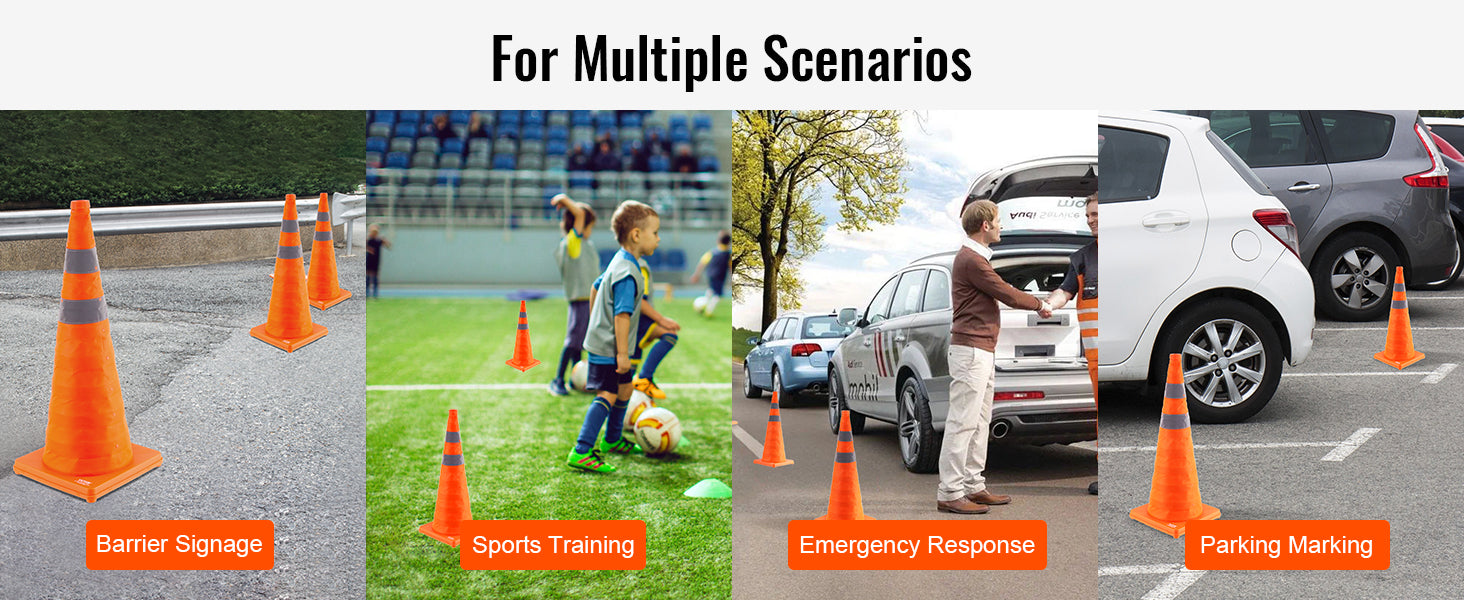 4 Pack 28 Inch Collapsible Safety Cones with Reflective Collars, Wide Base and Storage Bag