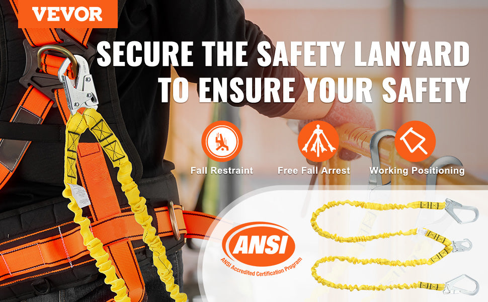 38mm Safety Lanyard 6ft Retractable Fall Protection Belt Yellow