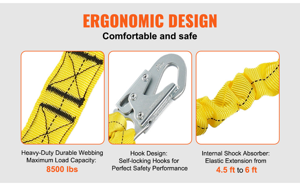 38mm Safety Lanyard 6ft Retractable Fall Protection Belt Yellow