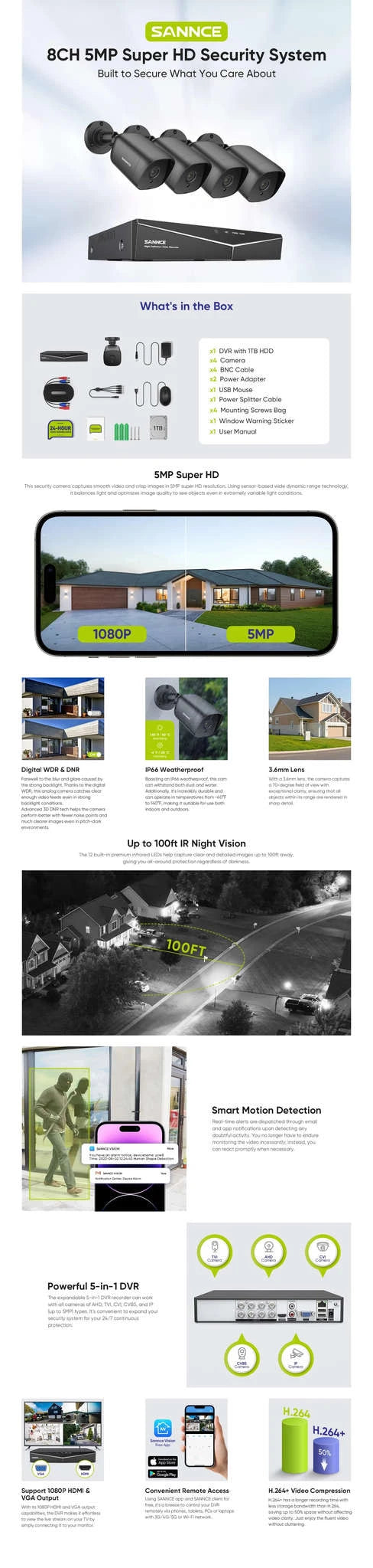 SANNCE 8CH Security CCTV System with 4 x 5MP Cameras-2T / spain