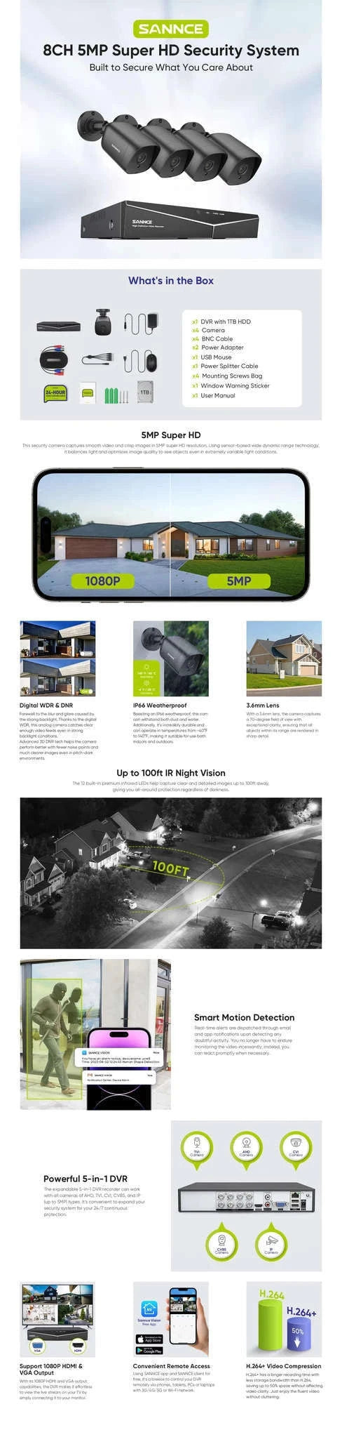 SANNCE 8CH Security CCTV System with 4 x 5MP Cameras-2T / spain