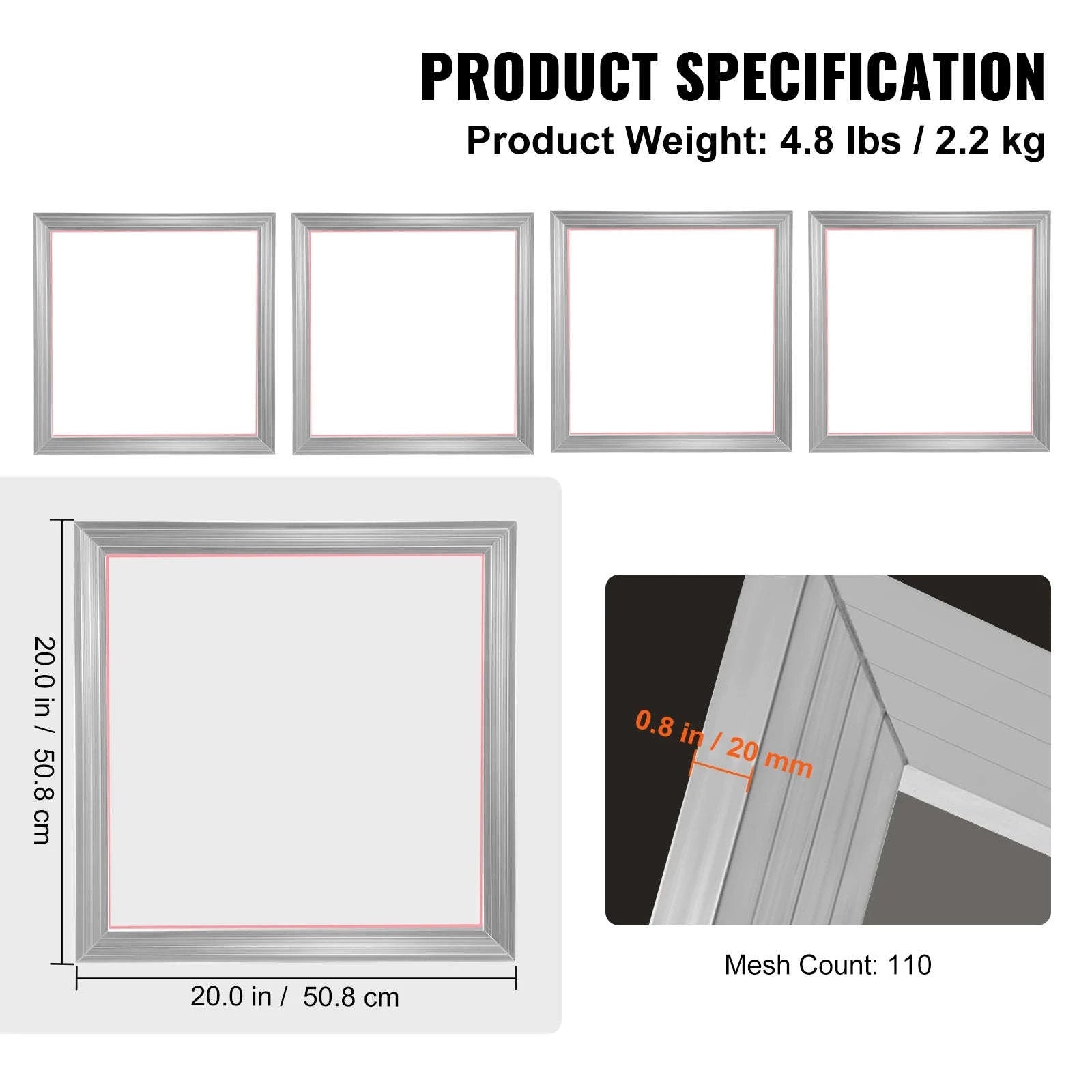 Screen Printing Kit 4 Pieces 20x20 in Aluminum Frames with 110 Mesh-4pcs 20x20 in / United States