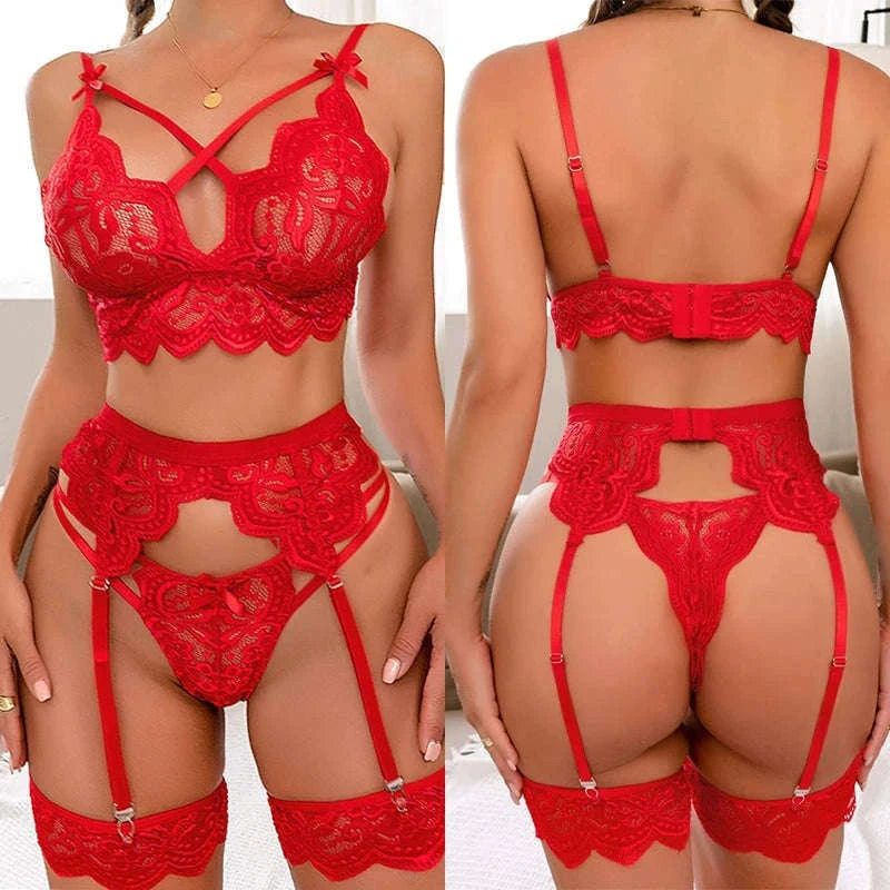 See-Through Lingerie Set with Lace, Mesh and Garter-203-wine / L