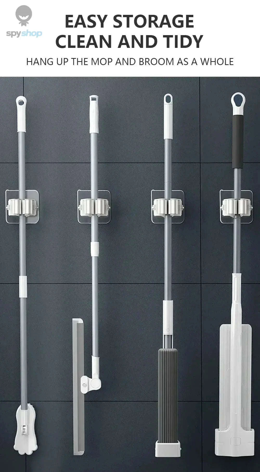 Self-adhesive Mop Holder – Wall-Mounted Organizer for Mops, Brooms & Tools-15pcs- White