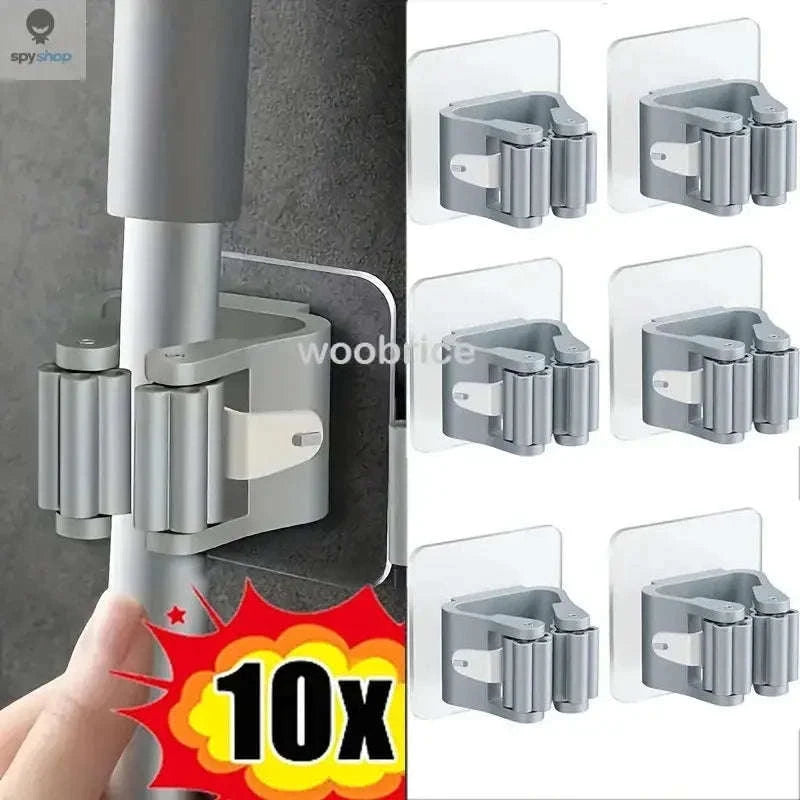 Self-adhesive Mop Holder – Wall-Mounted Organizer for Mops, Brooms & Tools-15pcs- White