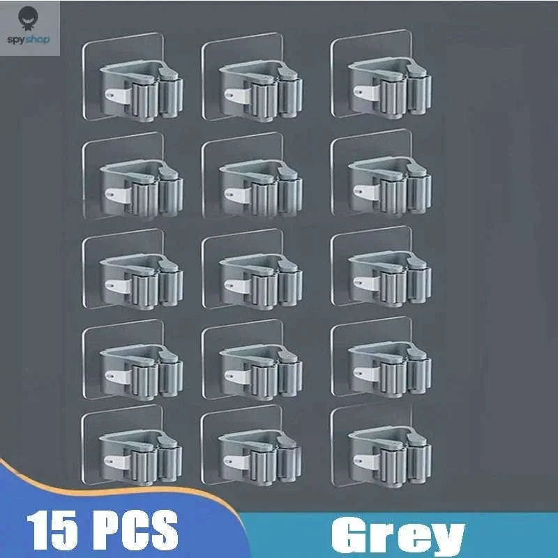 Self-Adhesive Mop Holder Wall-Mounted Organizer for Tools-15pcs- White