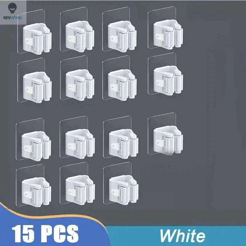 Self-Adhesive Mop Holder Wall-Mounted Organizer for Tools-15pcs- White