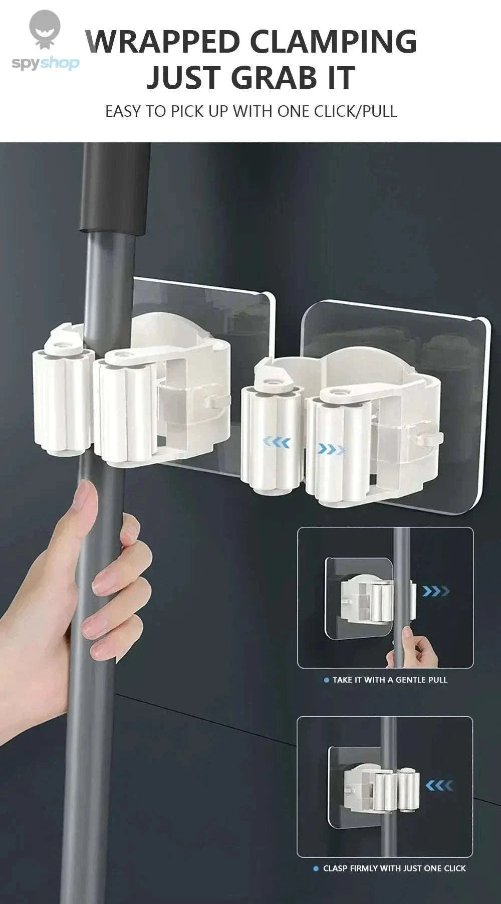 Self-Adhesive Mop Holder Wall-Mounted Organizer for Tools-15pcs- White