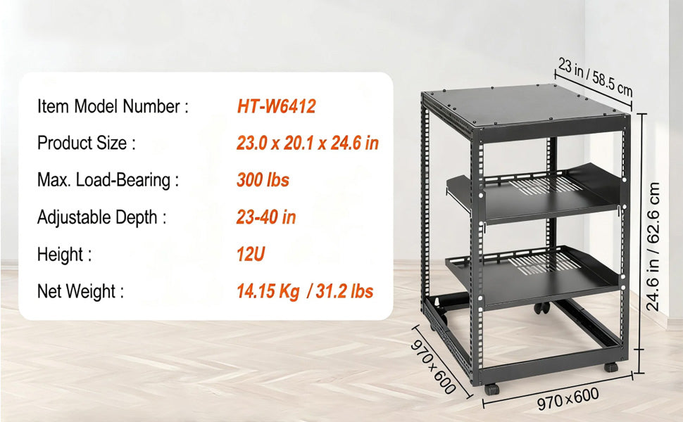 12U Open Frame Server Rack Adjustable Depth Floor or Wall Mount