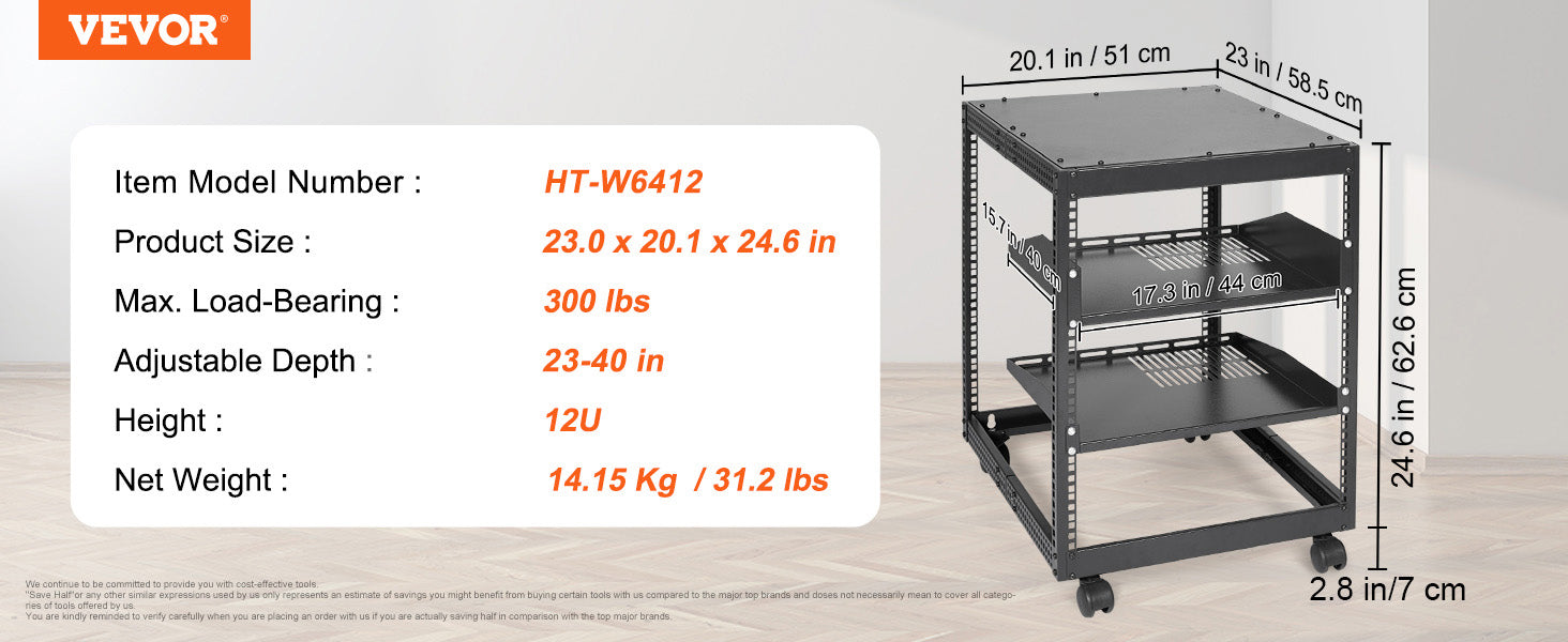 Rack server a telaio aperto VEVOR 12U/15U/20U da pavimento o da parete con profondità regolabile per uso ufficio microdata center