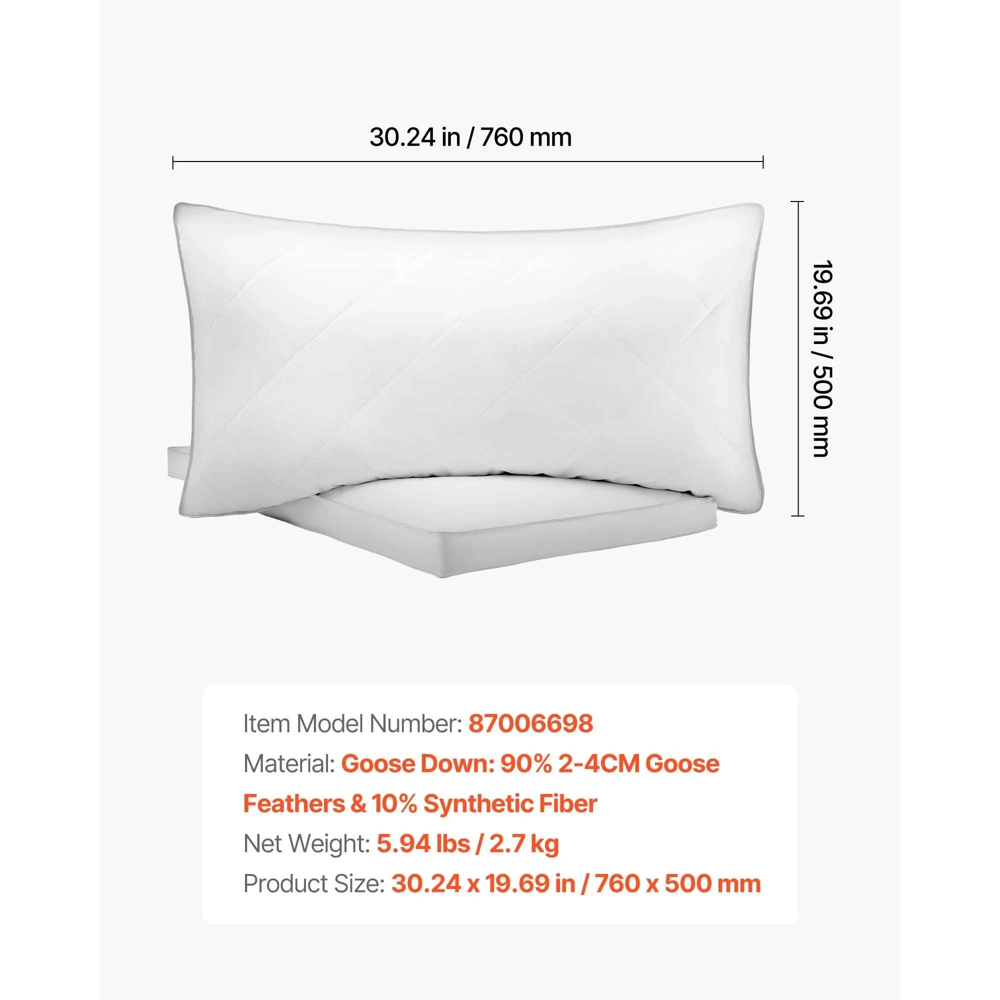 Set of 2 Goose Down Bed Pillows – Fluffy Neck Support for Deep Sleep-King / Poland