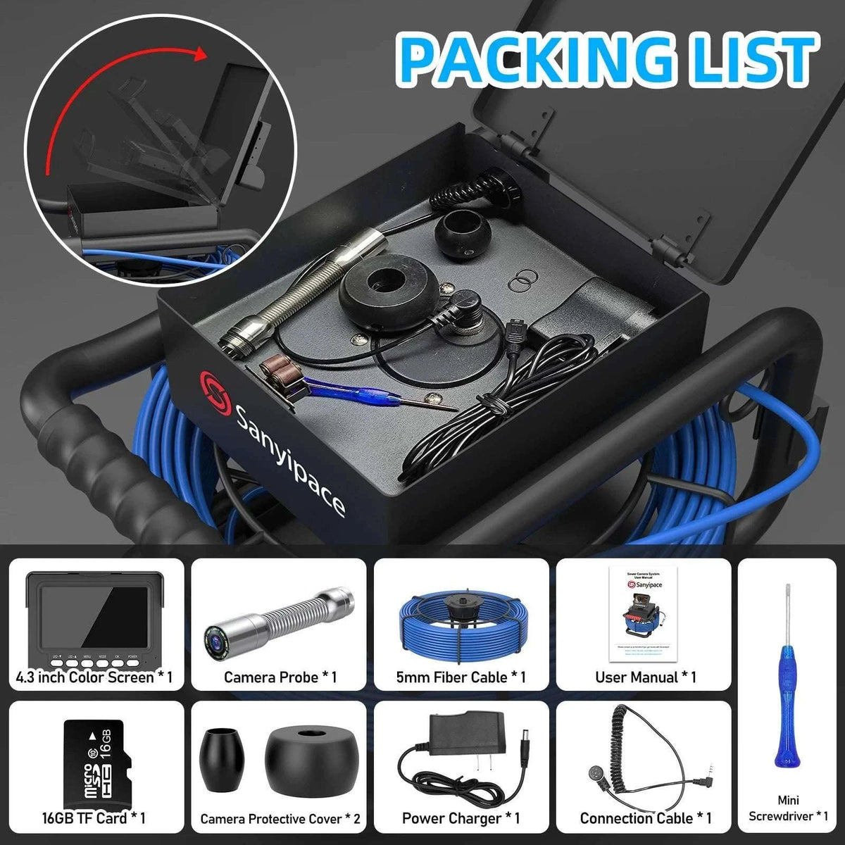 Sewer Inspection Camera 17mm LED Borescope with 4.3" Screen DVR-50M / 17mm / GERMANY