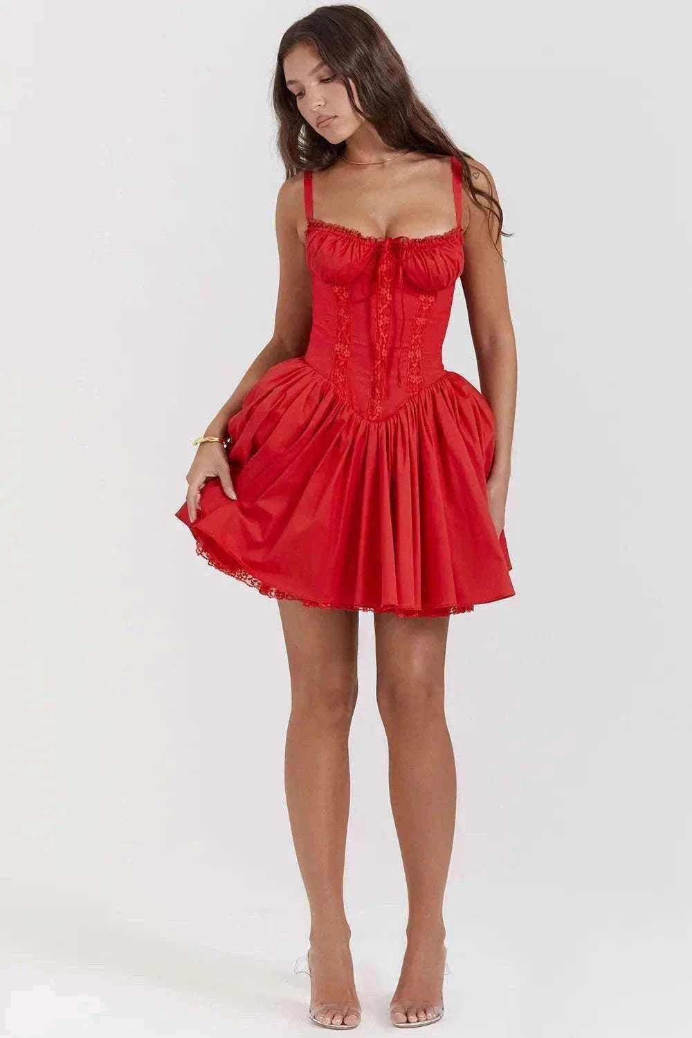 Sexy Lace Print Mini Dress with Square Neckline and Long Sleeves-Red / M