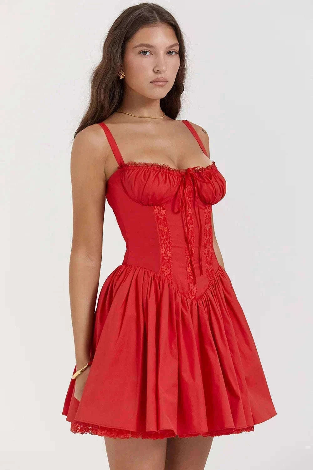 Sexy Lace Print Mini Dress with Square Neckline and Long Sleeves-Red / M
