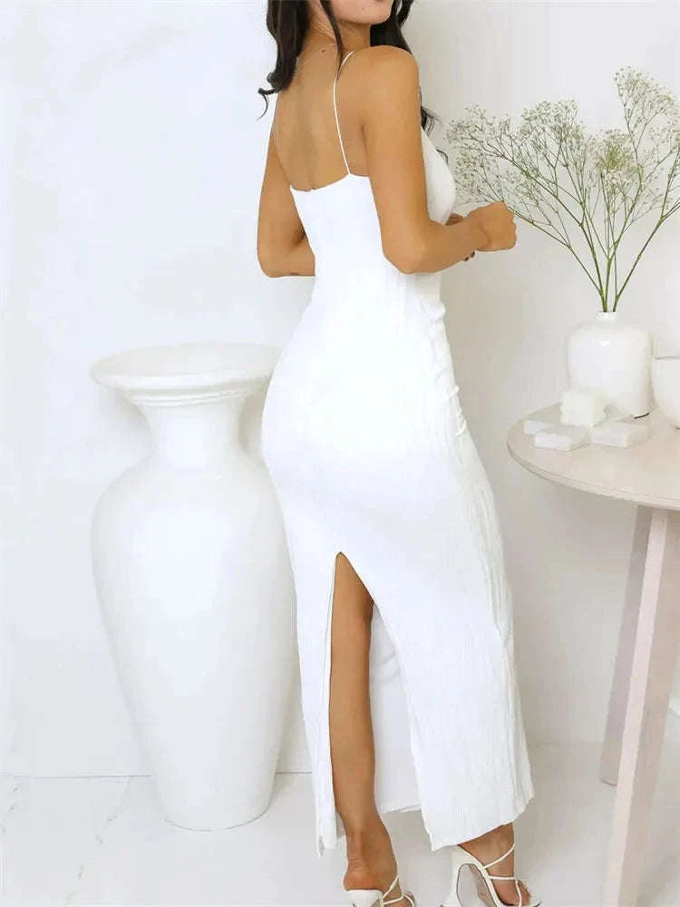 Sexy Ruched Sleeveless Slim Summer Party Dress with Back Split-black / M