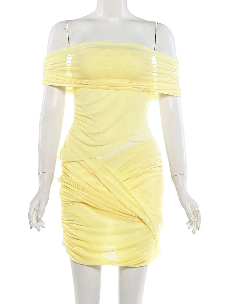 Sheer Backless Mini Dress with Slash Neck and Bodycon Fit-Yellow / L