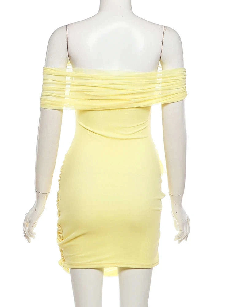 Sheer Backless Mini Dress with Slash Neck and Bodycon Fit-Yellow / L