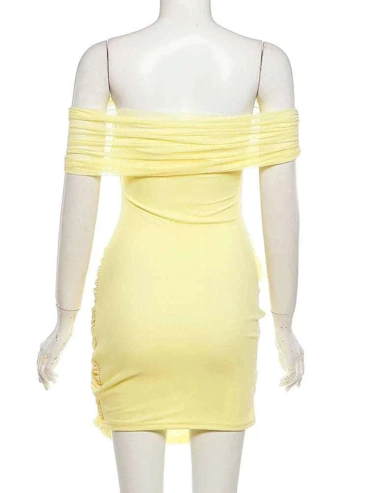 Sheer Backless Mini Dress with Slash Neck and Bodycon Fit-Yellow / L