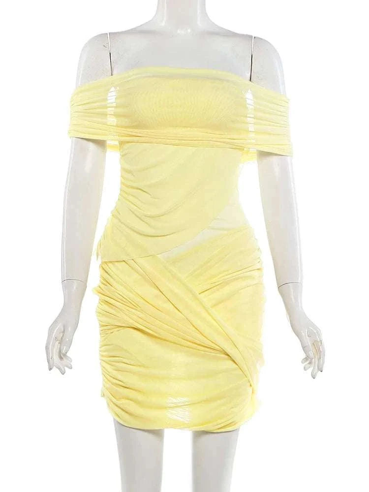 Sheer Backless Mini Dress with Slash Neck and Bodycon Fit-Yellow / L