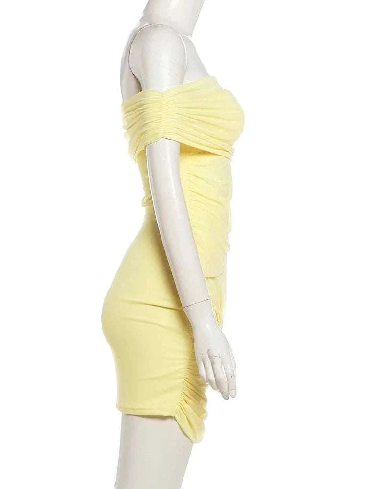 Sheer Backless Mini Dress with Slash Neck and Bodycon Fit-Yellow / L