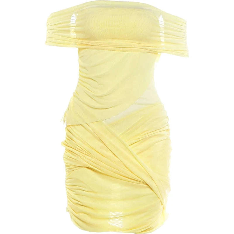 Sheer Backless Mini Dress with Slash Neck and Bodycon Fit-Yellow / L
