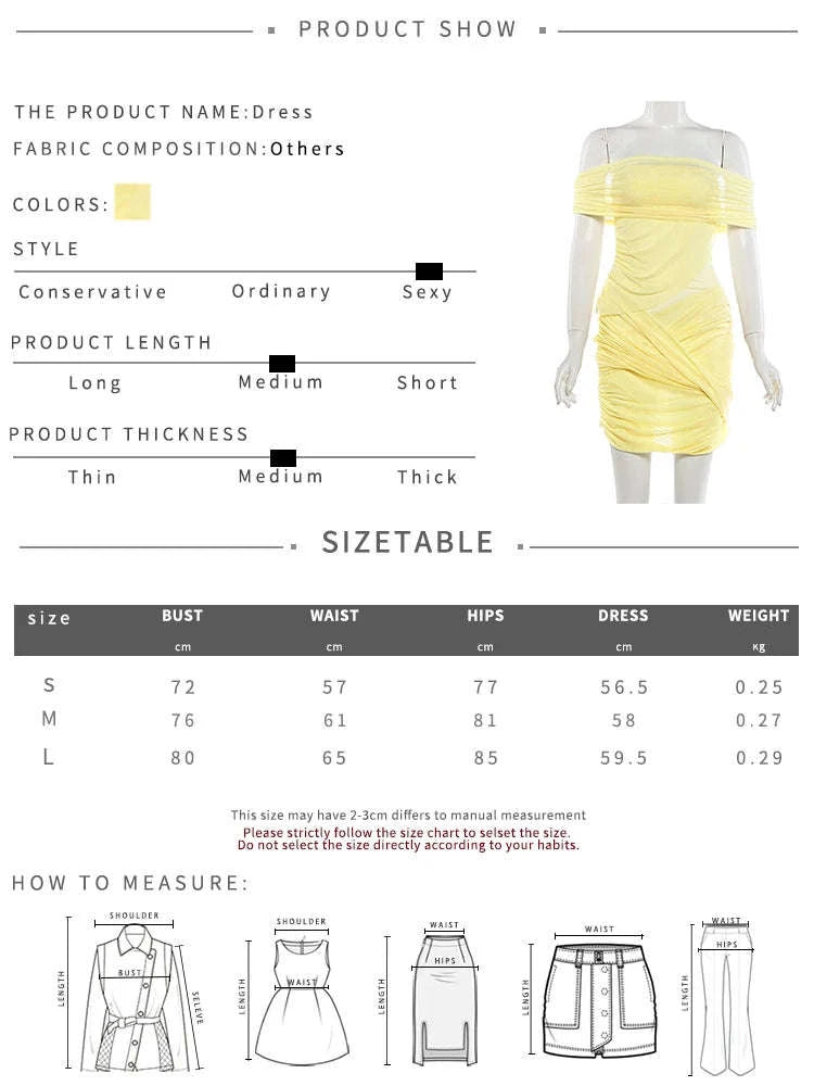 Sheer Backless Mini Dress with Slash Neck and Bodycon Fit-Yellow / L