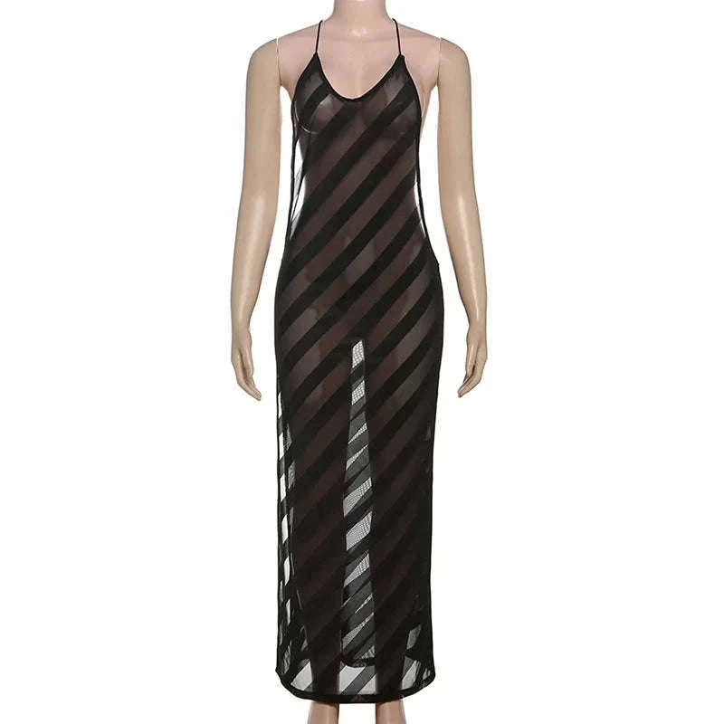 Sheer Mesh Halter Maxi Dress Backless Bodycon Split Summer Dress-WHITE / M