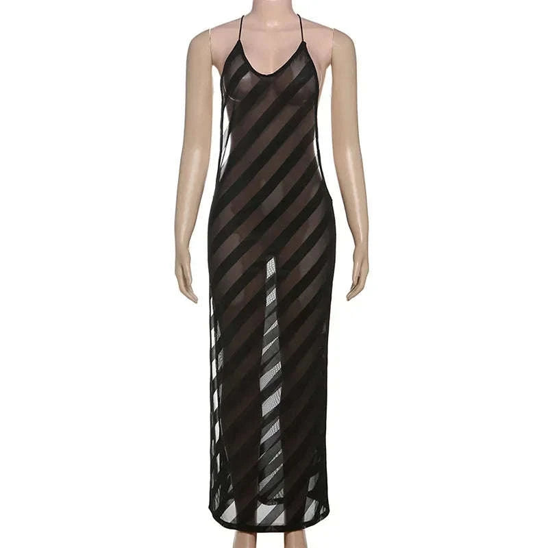 Sheer Mesh Halter Maxi Dress Backless Bodycon Split Summer Dress-WHITE / M