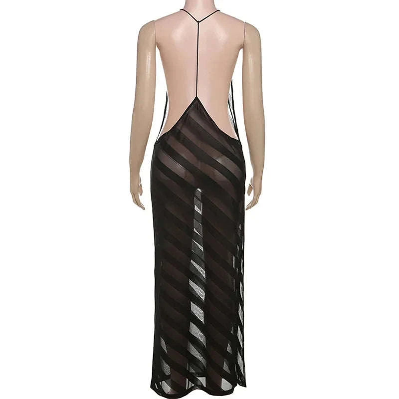 Sheer Mesh Halter Maxi Dress Backless Bodycon Split Summer Dress-WHITE / M