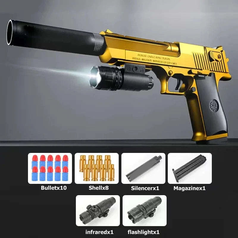 Shell Ejection Toy Pistol with Soft Foam Bullets for Outdoor Play-Gold-A / China Mainland