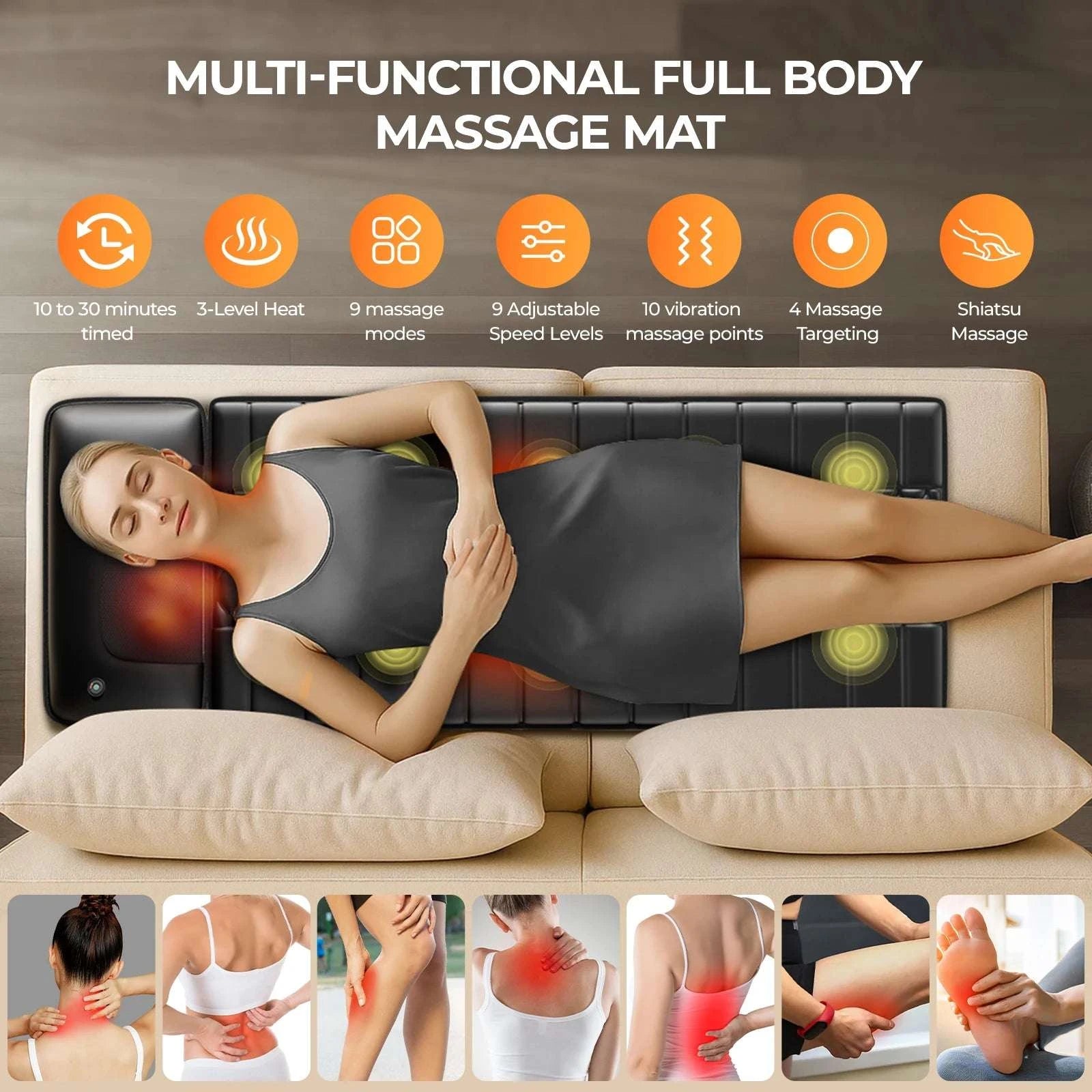 Shiatsu Full Body Massage Mat with Heat and 10 Vibration Motors-With Foot Massager / US Plug / United States