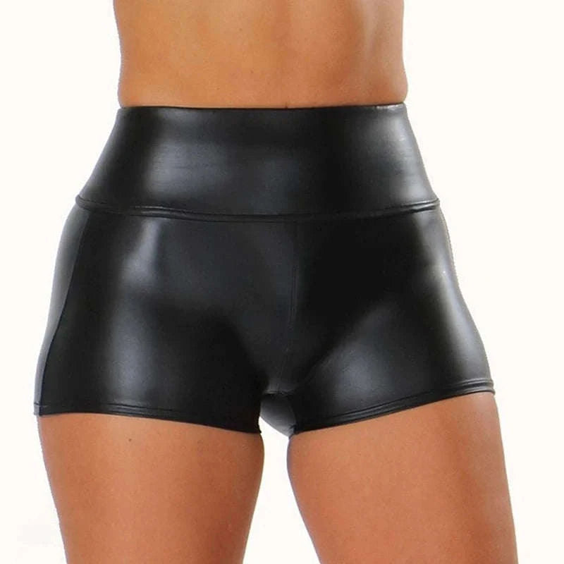 Shiny Faux PU Leather Shorts for Women-black / XL