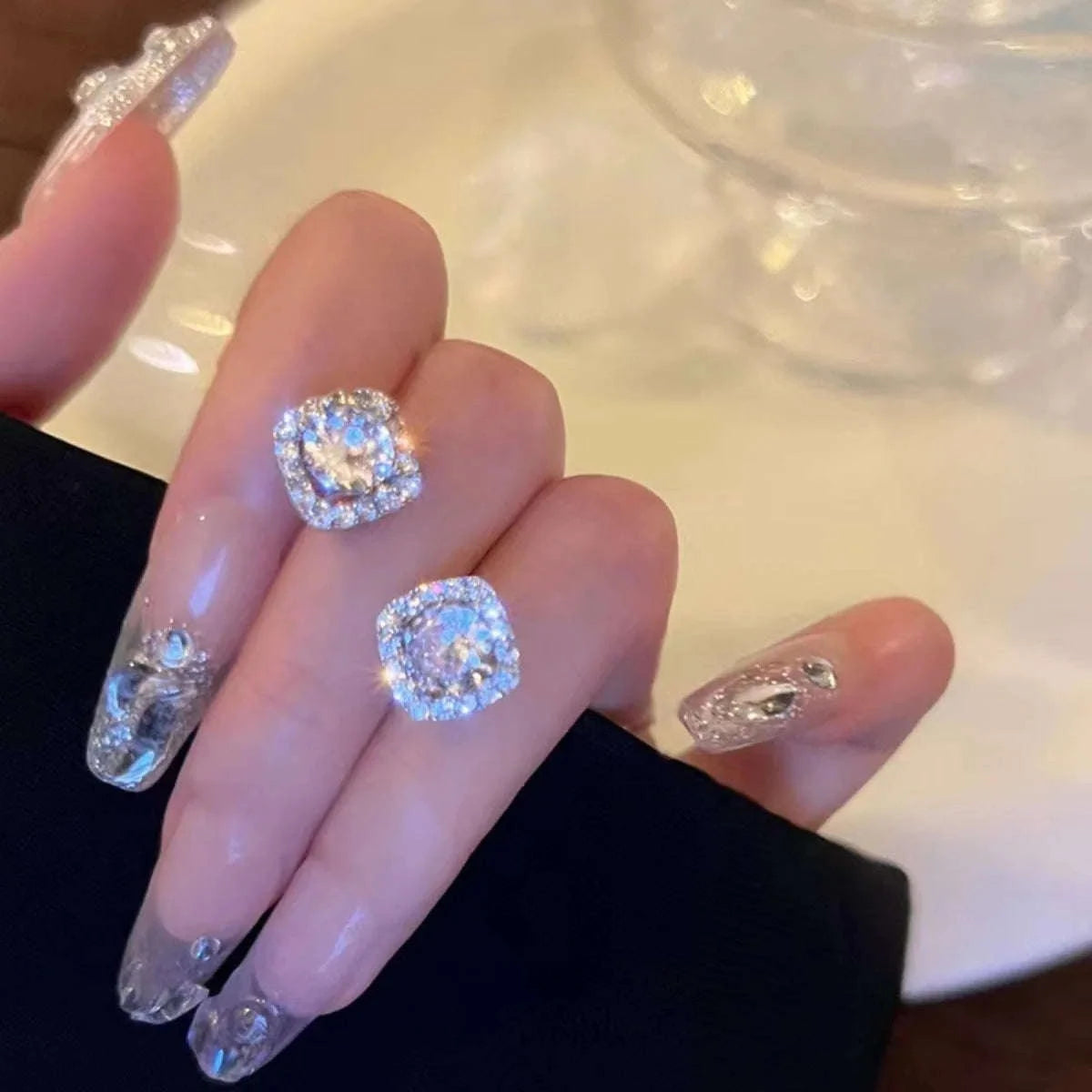 Shiny Imitation Diamond Earrings Set – Square & Round Studs-E1047
