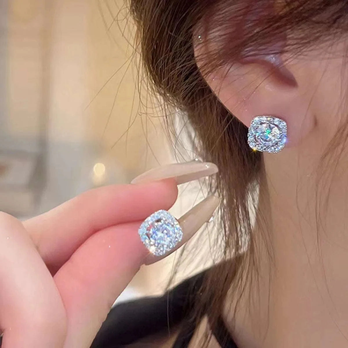 Shiny Imitation Diamond Earrings Set – Square & Round Studs-E1047