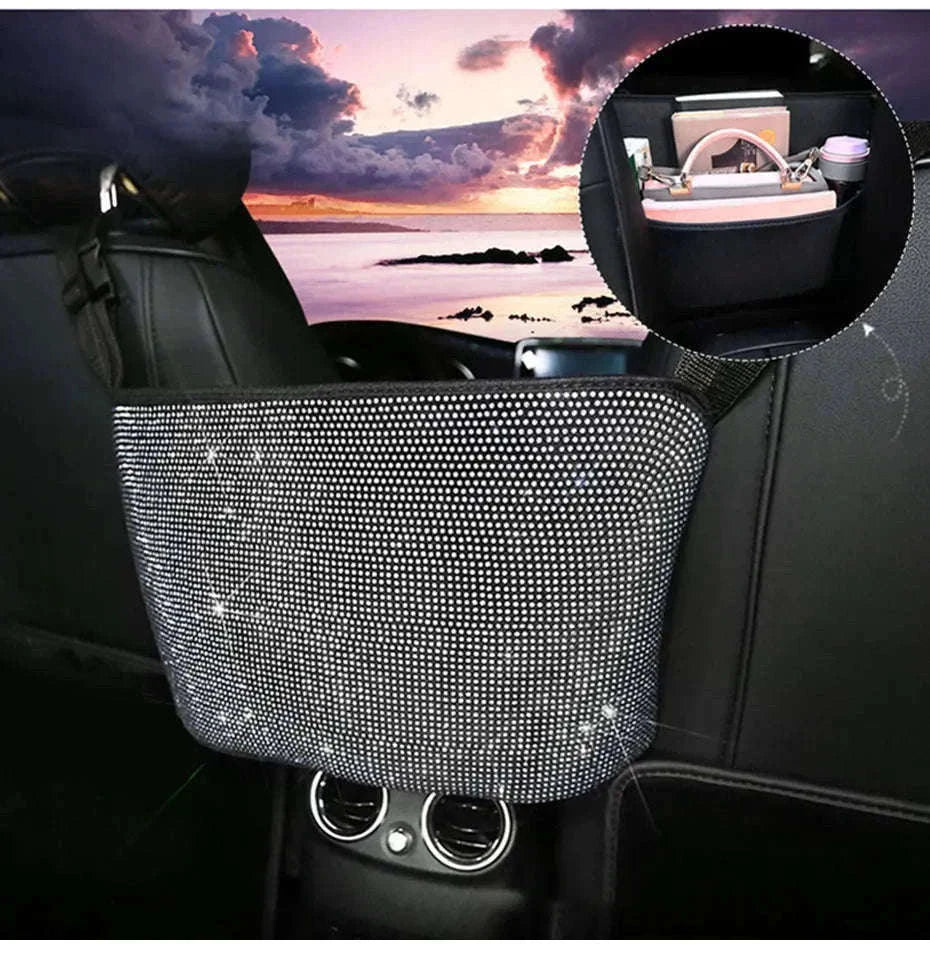 Shiny White Rhinestone Center Console Organizer Storage Bag-White rhinestone