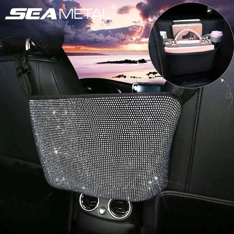 Shiny White Rhinestone Center Console Organizer Storage Bag-White rhinestone