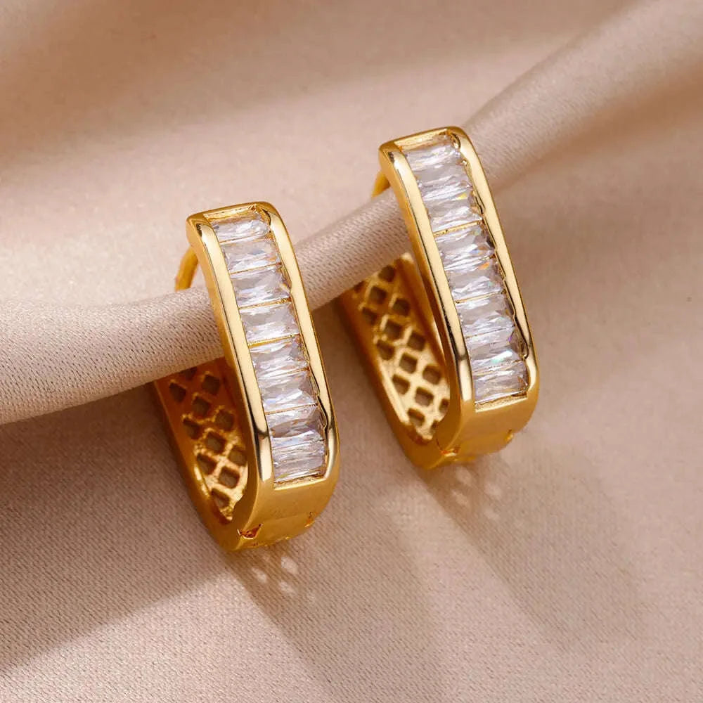 Shiny Zircon Circle Square Hoop Earrings for Women-E3434G