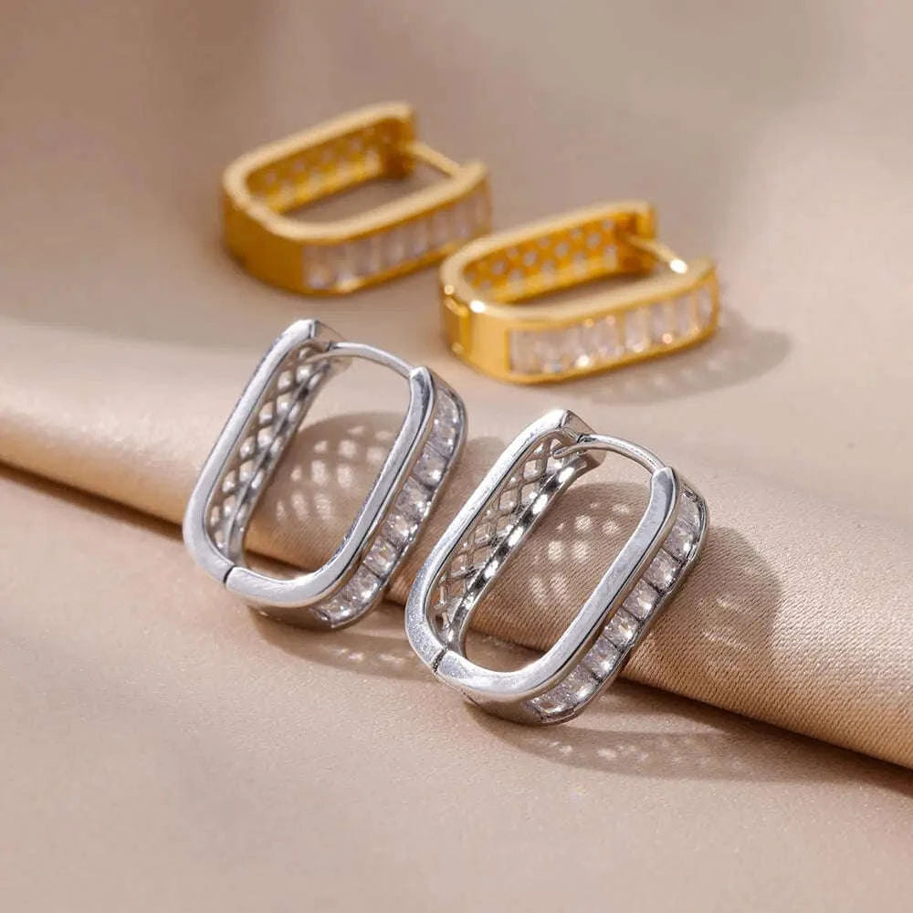 Shiny Zircon Circle Square Hoop Earrings for Women-E3434G