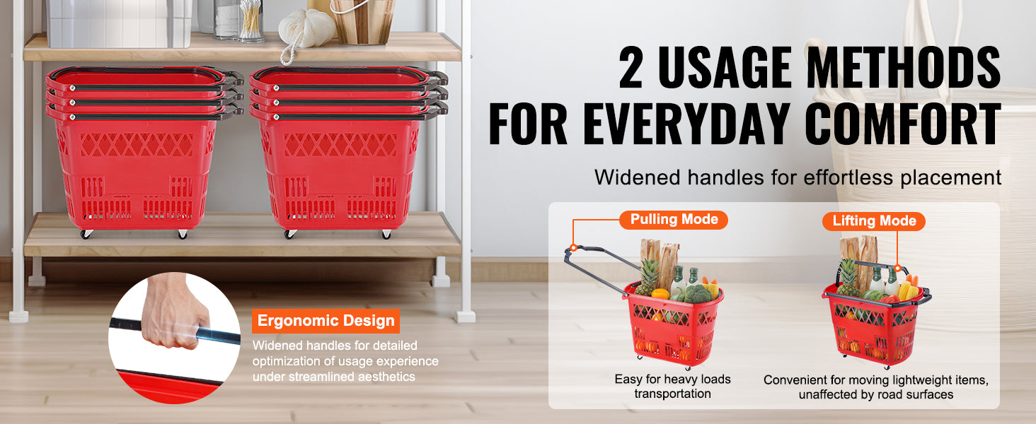6-Pack Rolling Shopping Baskets 39L with Wheels & Handles