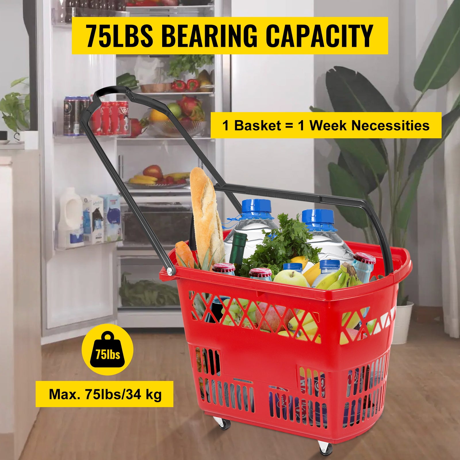 6-Pack Rolling Shopping Baskets with Wheels & Dual Handles
