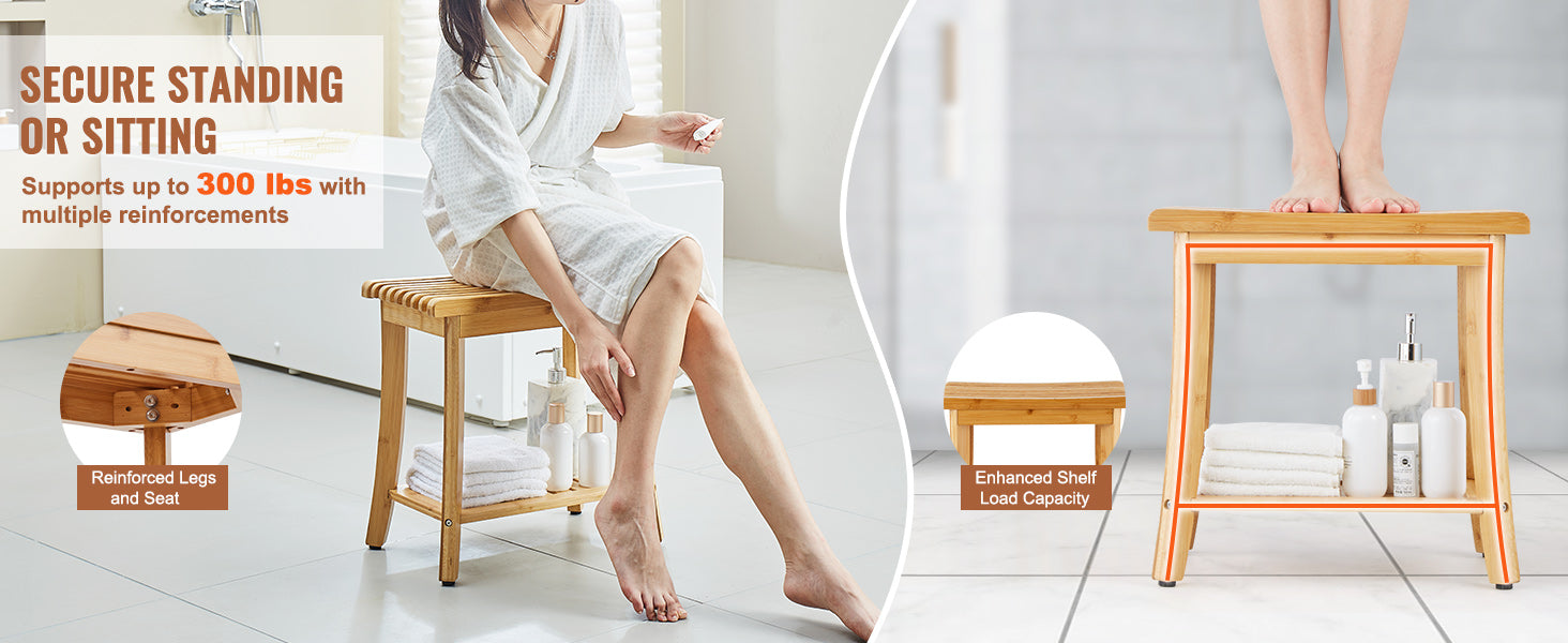 Bamboo Shower Bench with Storage Shelf 330lb Capacity Stool