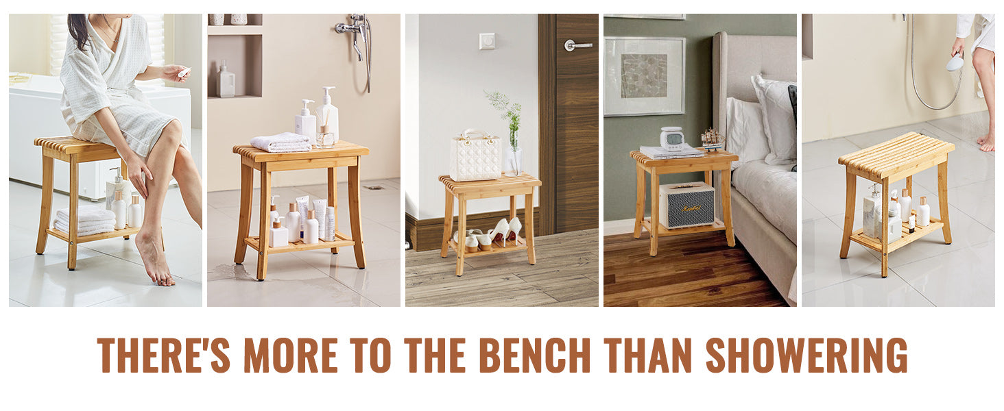 Bamboo Shower Bench with Storage Shelf 330lb Capacity Stool