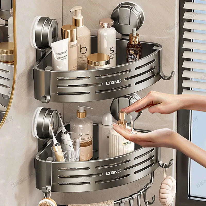 Shower Corner Storage Basket with Suction Mount & Towel Bar-United States / black / 2-tier