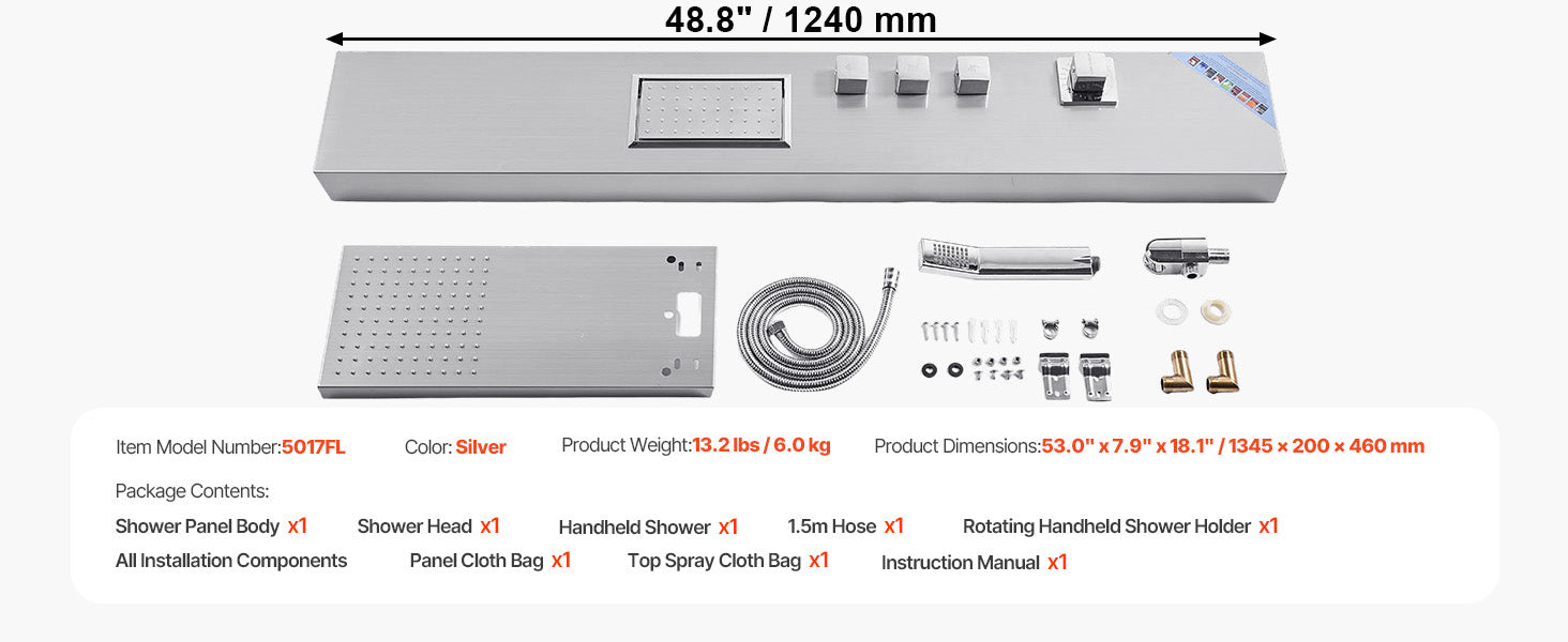 5 Function LED Shower Panel Tower with Waterfall Head Stainless Steel