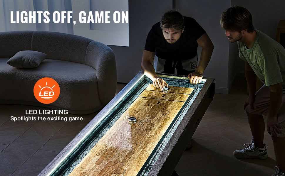 Tavolo Shuffleboard LED da 9 piedi con gioco di bowling set 2 in 1
