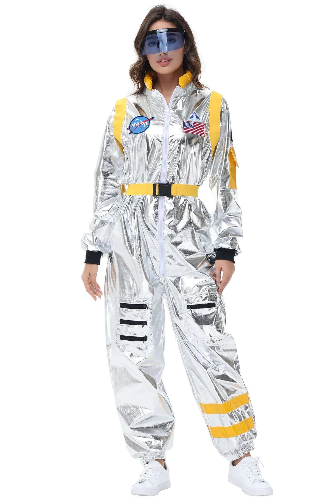 Silver Astronaut Costume Adult Spaceman Jumpsuit-Yellow Women-B / XL