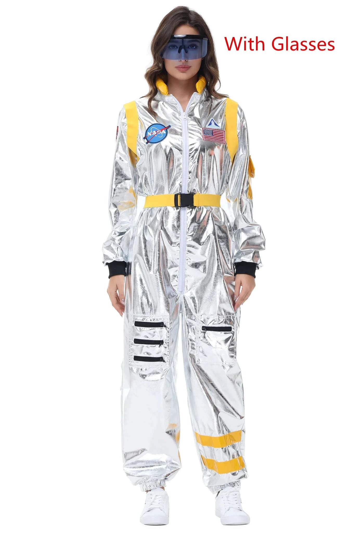 Silver Astronaut Costume Adult Spaceman Jumpsuit-Yellow Women-B / XL