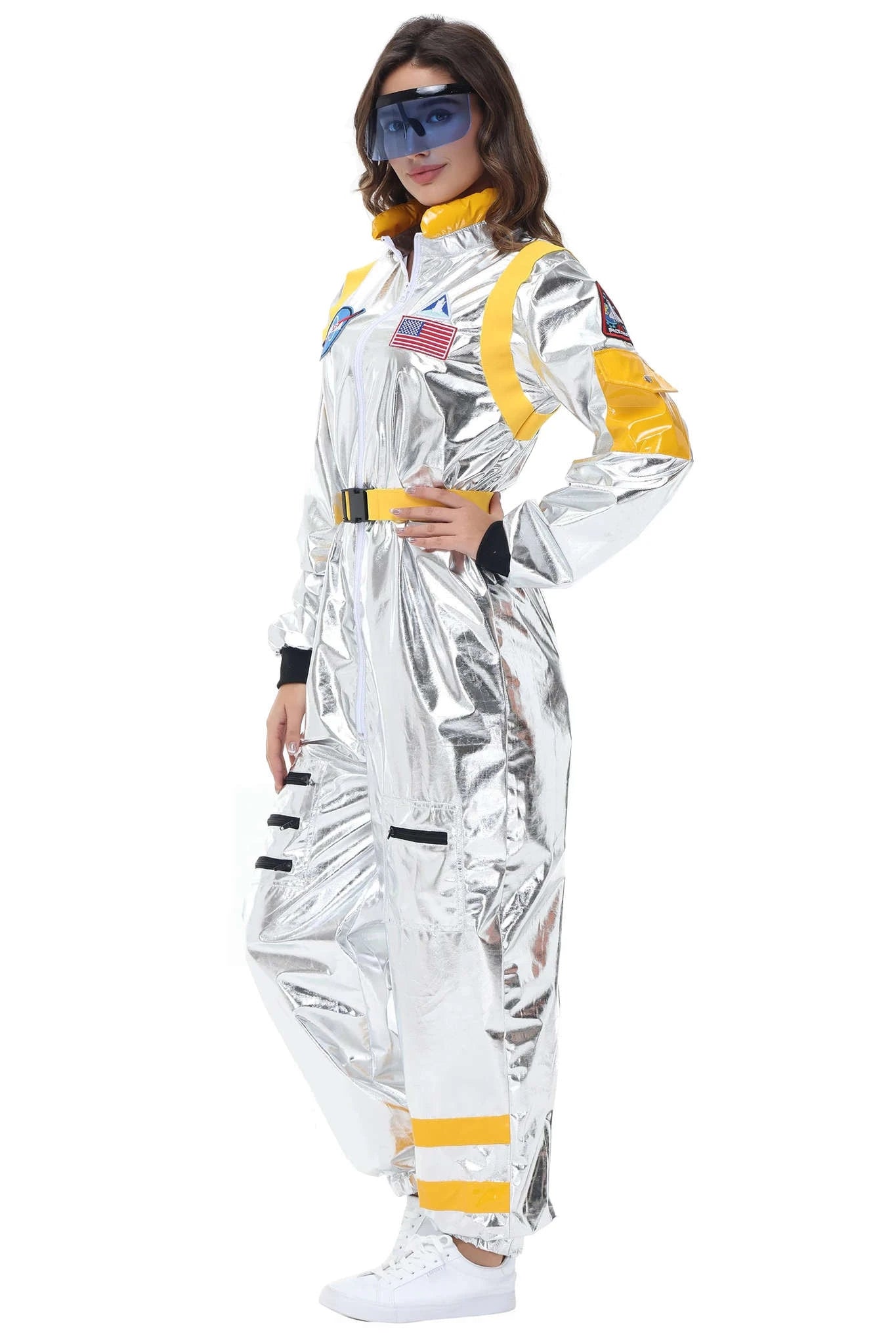 Silver Astronaut Costume Adult Spaceman Jumpsuit-Yellow Women-B / XL